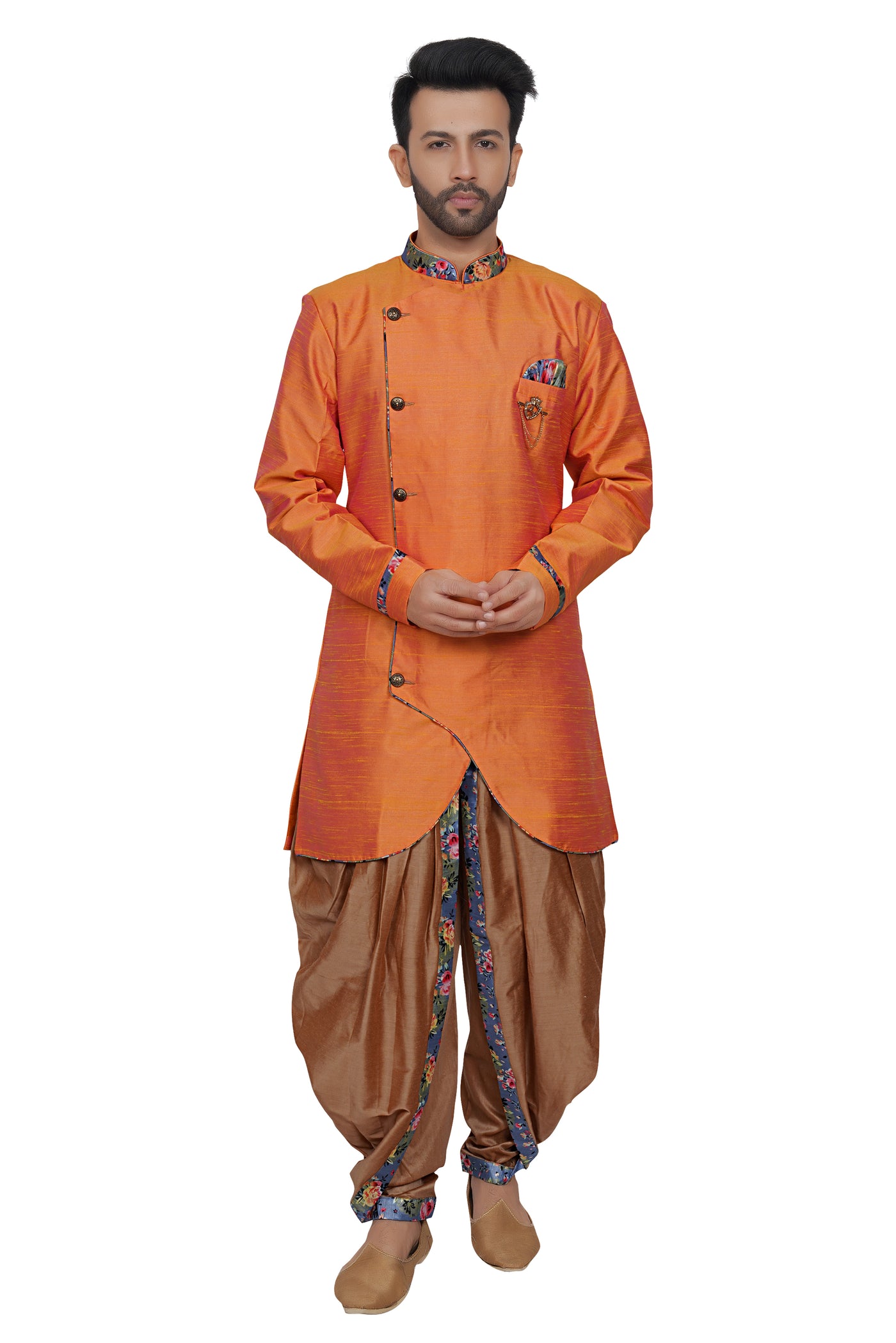 ORANGE AND BROWN DHOTI STYLE KURTA PYJAMA SET