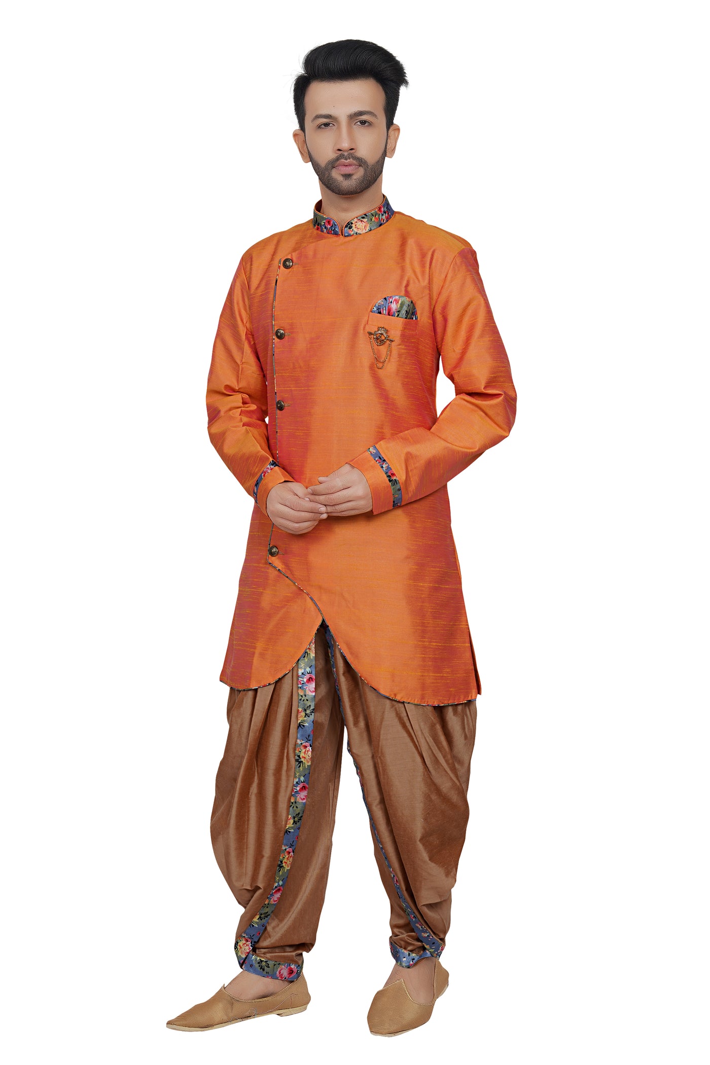 ORANGE AND BROWN DHOTI STYLE KURTA PYJAMA SET