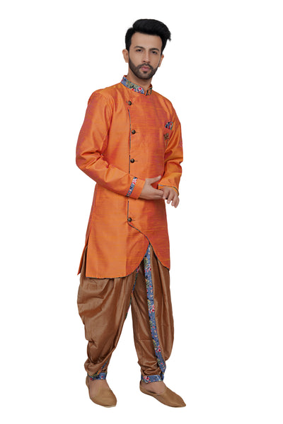 ORANGE AND BROWN DHOTI STYLE KURTA PYJAMA SET