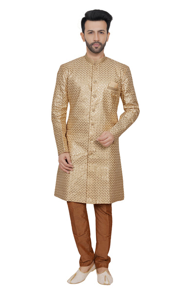 BEIGE AND BROWN KURTA PYJAMA SET WITH SEQUIN WORK