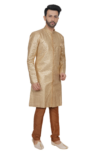 BEIGE AND BROWN KURTA PYJAMA SET WITH SEQUIN WORK