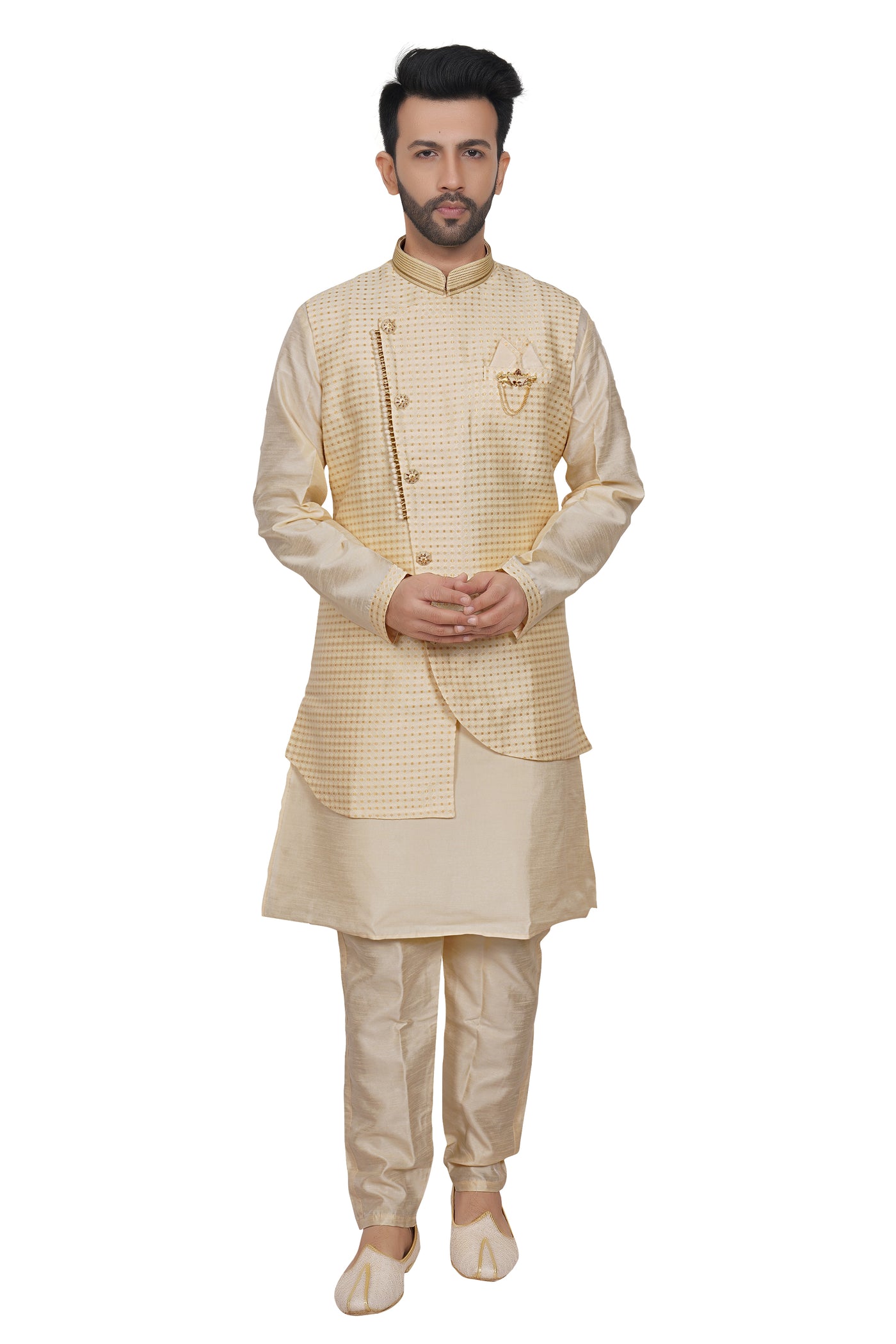 CREAM COLORED KURTA PYJAMA SET WITH SEQUIN WORK JACKET