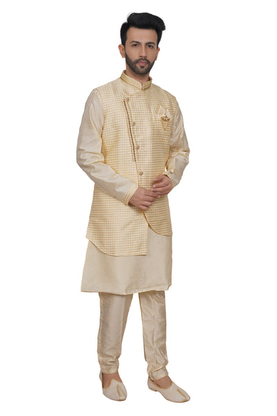 CREAM COLORED KURTA PYJAMA SET WITH SEQUIN WORK JACKET