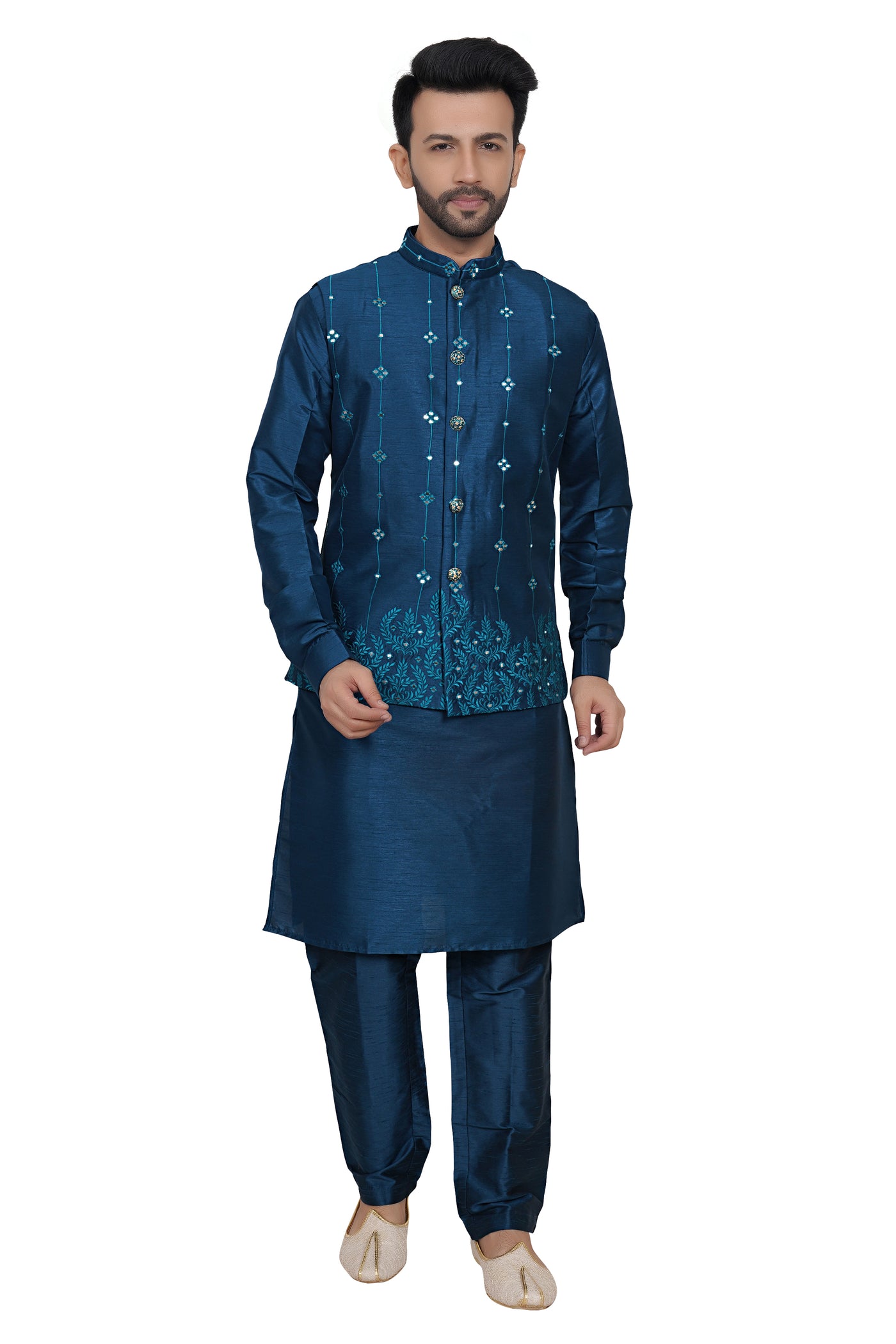 INDIGO BLUE PARTY WEAR KURTA PYJAMA SET WITH JACKET