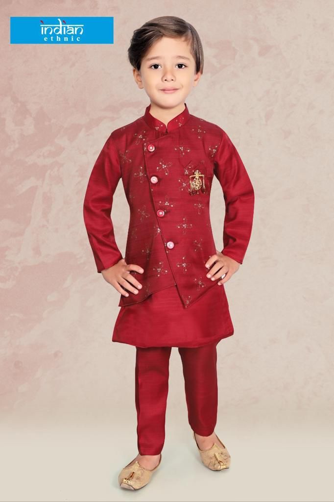 BRIGHT RED SHERWANI SET WITH ASSYMETRICAL OVERCOAT