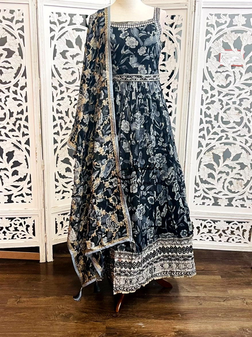 GREY COLORED FLORAL ANARKALI SUIT SET WITH MATCHING DUPATTA