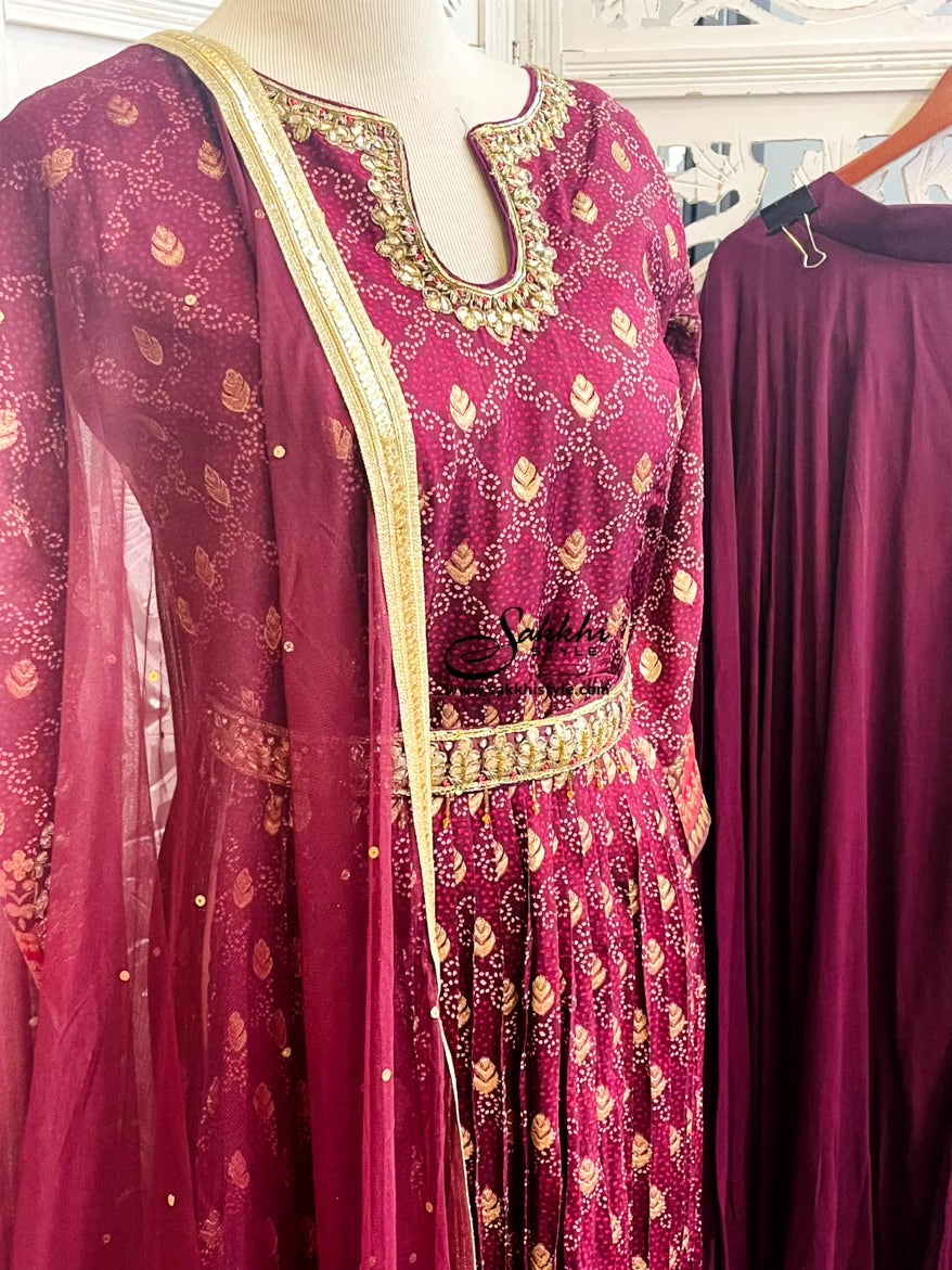 PLUM COLOURED NYRA CUT SUIT SET WITH SHARARA PANTS AND SOFT NET DUPATTA