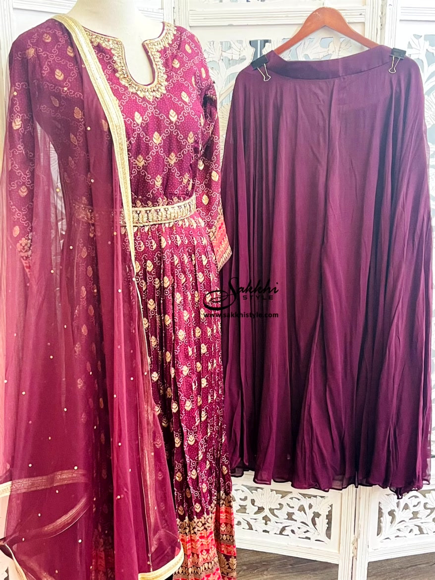 PLUM COLOURED NYRA CUT SUIT SET WITH SHARARA PANTS AND SOFT NET DUPATTA
