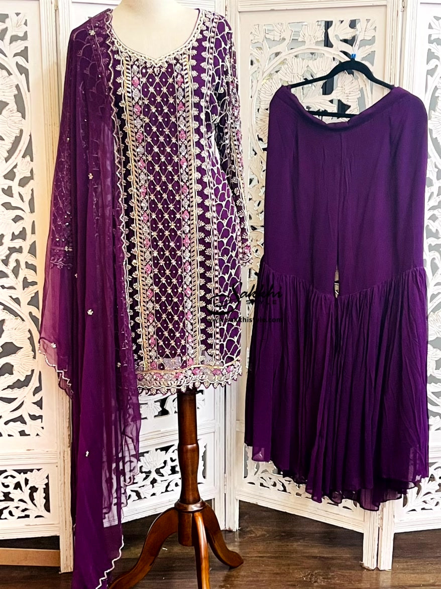 PURPLE COLORED THREE PIECE PARTY WEAR SUIT SET WITH PLAIN GHARARA PANTS