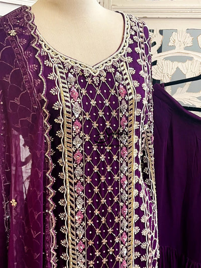 PURPLE COLORED THREE PIECE PARTY WEAR SUIT SET WITH PLAIN GHARARA PANTS