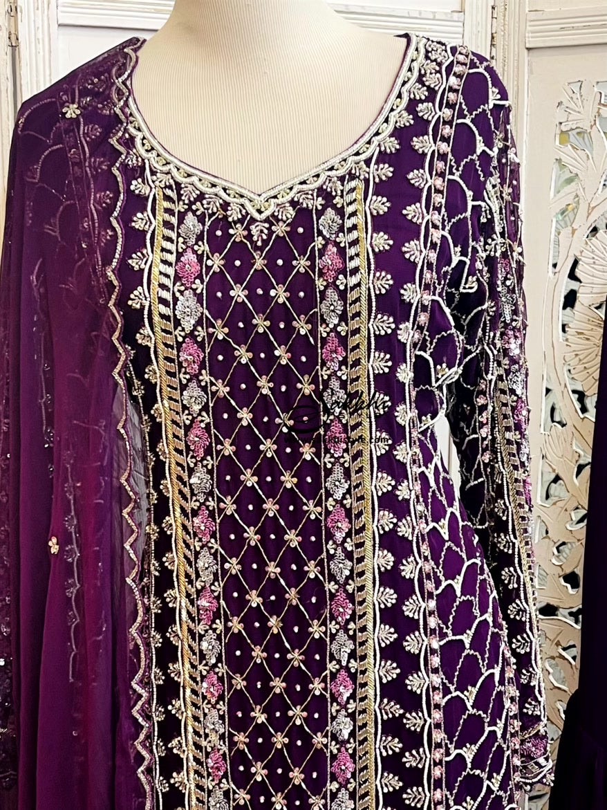 PURPLE COLORED THREE PIECE PARTY WEAR SUIT SET WITH PLAIN GHARARA PANTS
