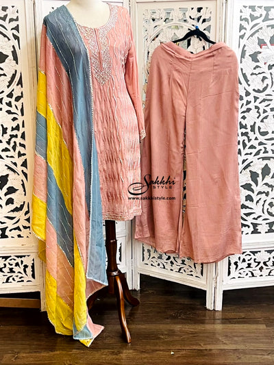PEACH COLORED THREE PIECE PARTY WEAR SUIT SET PAIRED WITH PLAIN PALAZZO PANTS