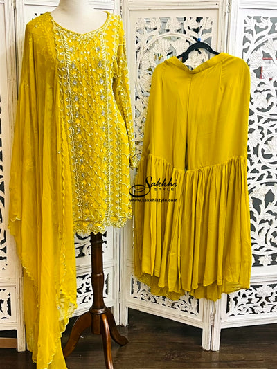 MUSTARD COLORED THREE PIECE PARTY WEAR SUIT SET WITH PLAIN GHARARA PANTS