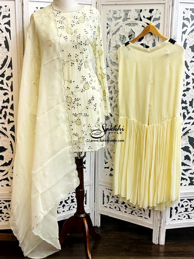 HALF WHITE THREE PIECE PARTY WEAR SUIT SET PAIRED WITH PLAIN GHARARA PANTS