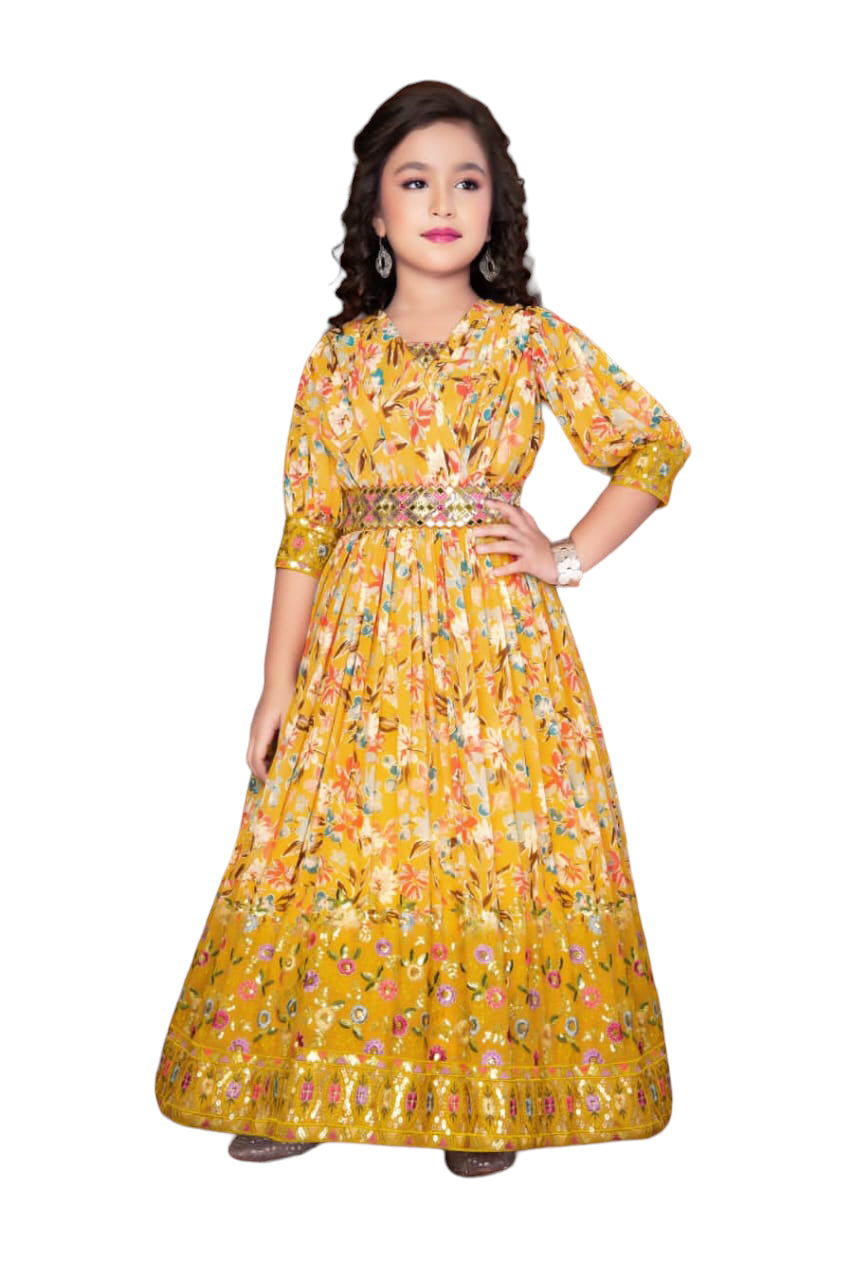 MUSTARD YELLOW FLORAL PRINTED FLOOR LENGTH GOWN