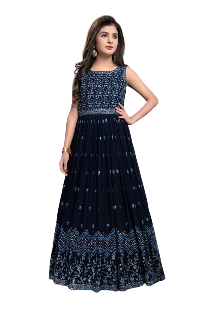 NAVY BLUE COLORED FLOOR LENGTH GOWN WITH THREAD EMBROIDERY