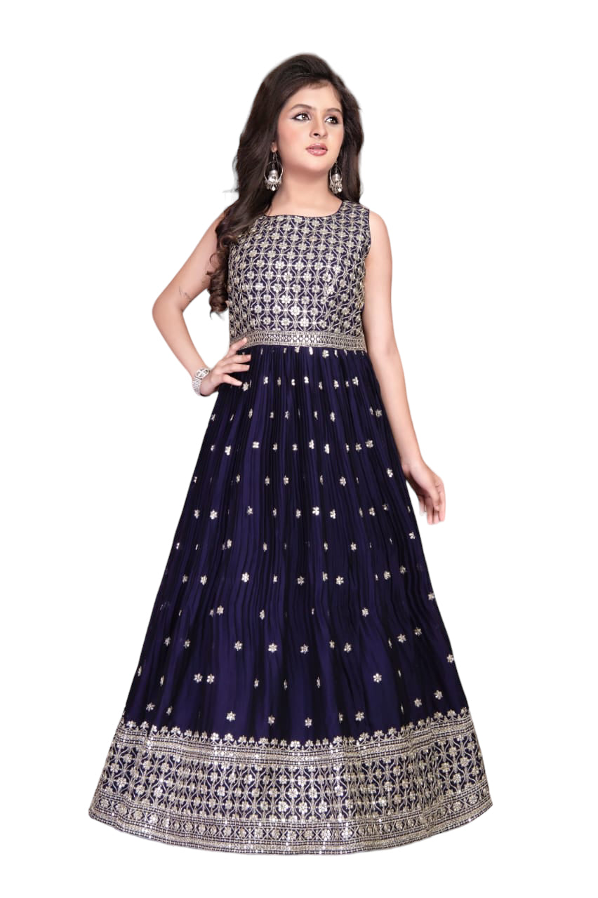 NAVY BLUE FULL LENGTH GOWN WITH ZARI THREAD EMBROIDERY
