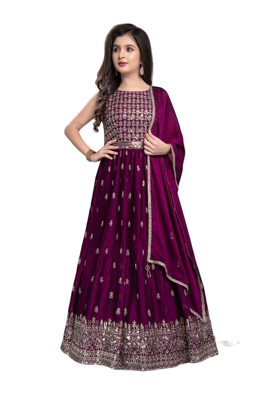 VIOLET COLORED ANARKALI SET WITH ZARI THREAD EMBROIDERY WITH PLAIN DUPATTA