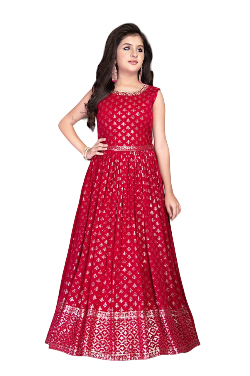 RED COLORED FLOOR LENGTH GOWN WITH INTRICATE ZARI MOTIFFS