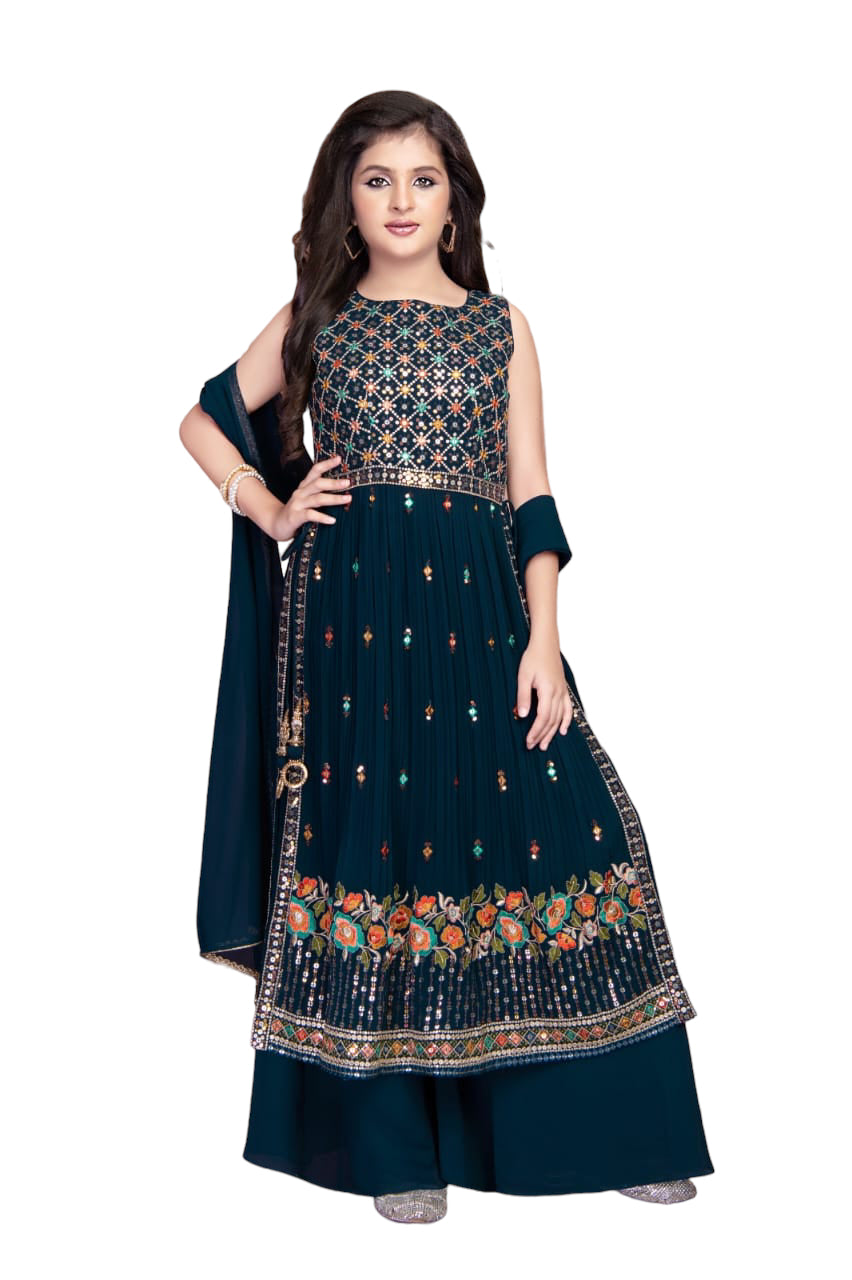 NAVY BLUE COLORED NYRA CUT SUIT SET WITH PALAZZO BOTTOM AND PLAIN DUPATTA
