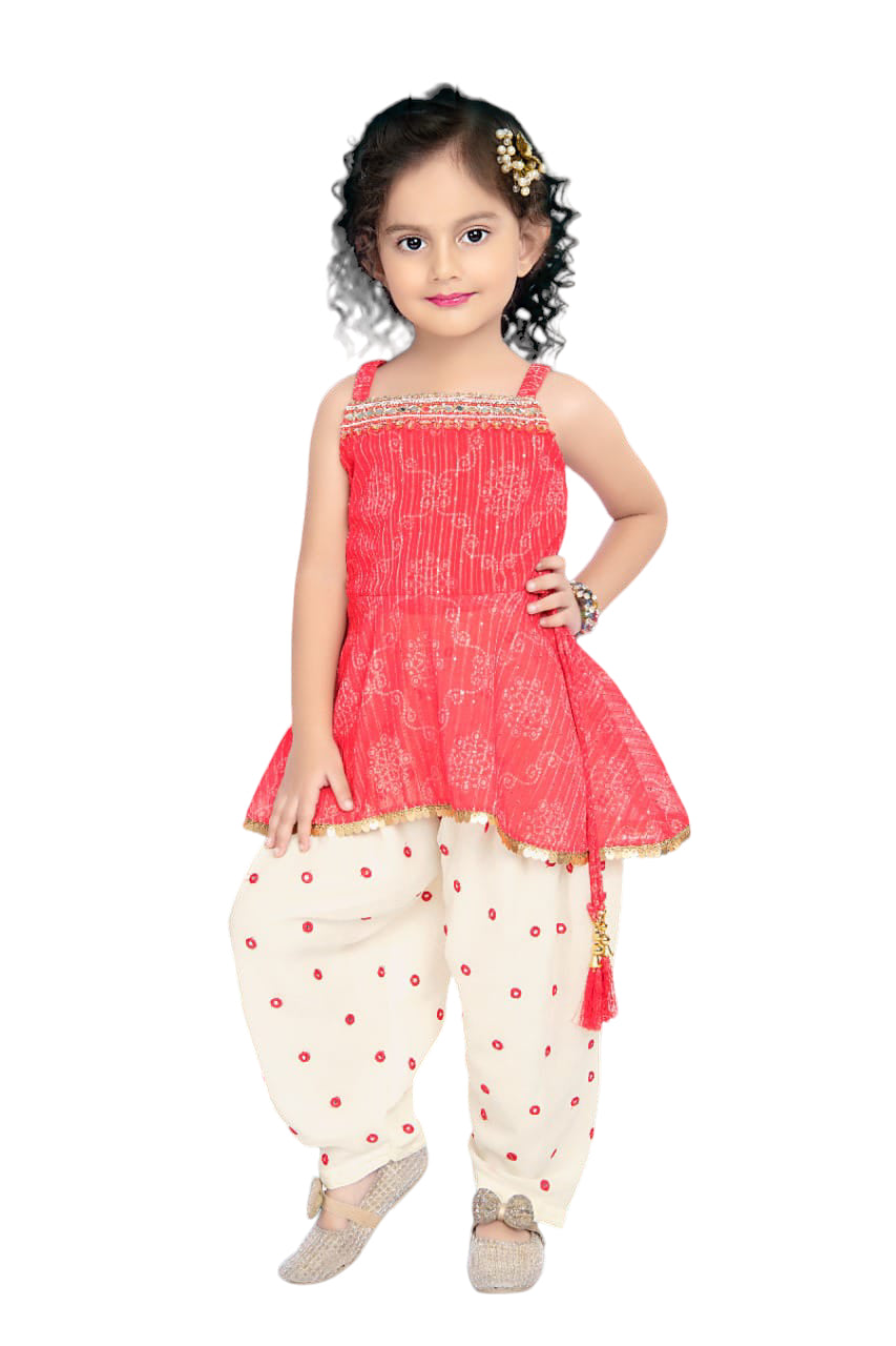 PEACH AND WHITE SALWAR SET WITH PEPLUM TOP AND DHOTI STYLE PANTS
