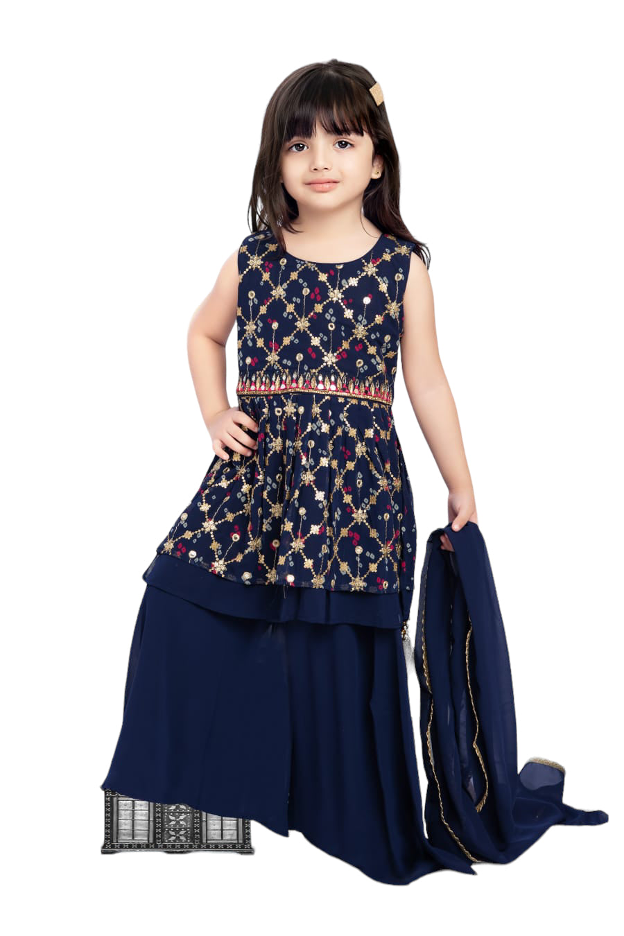 NAVY BLUE COLORED ANARKALI SUIT SET WITH THREAD EMBROIDERY PAIRED WITH PLAIN BOTTOM AND DUPATTA