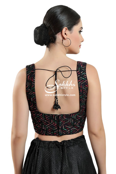 BLACK COLORED SLEEVELESS BLOUSE WITH THREAD EMBROIDERY