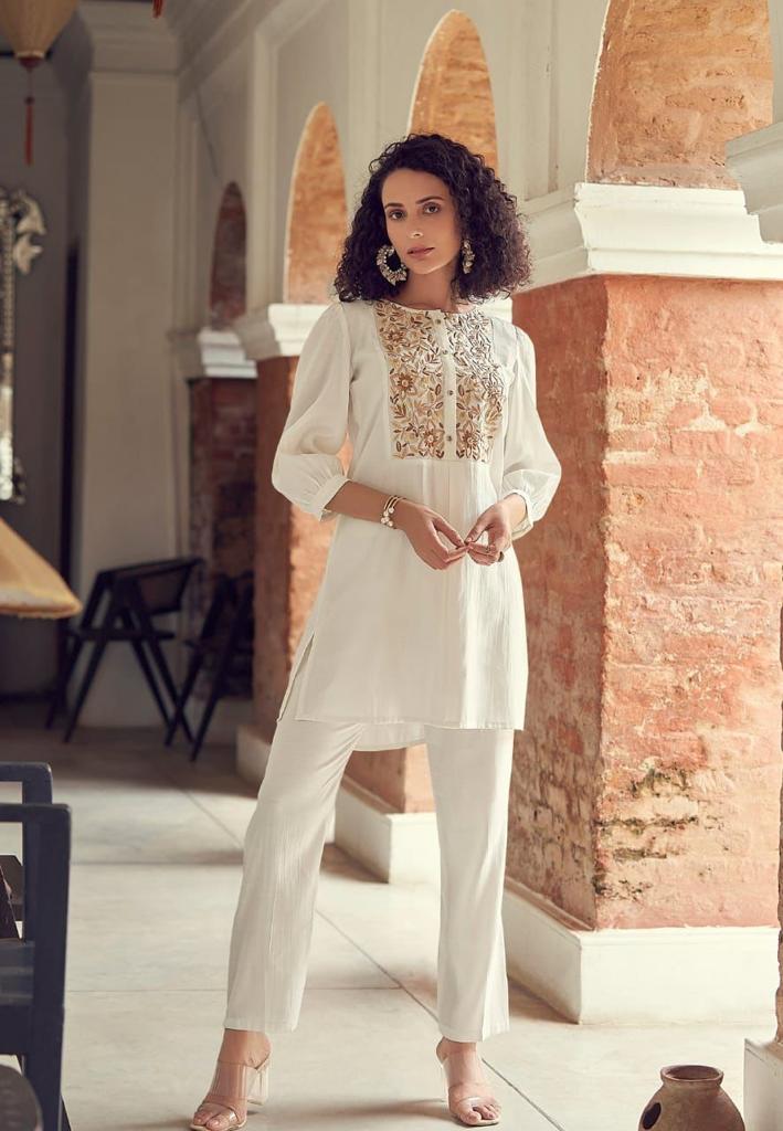 WHITE CO ORD SET WITH EMBELLISHED EMBROIDERY
