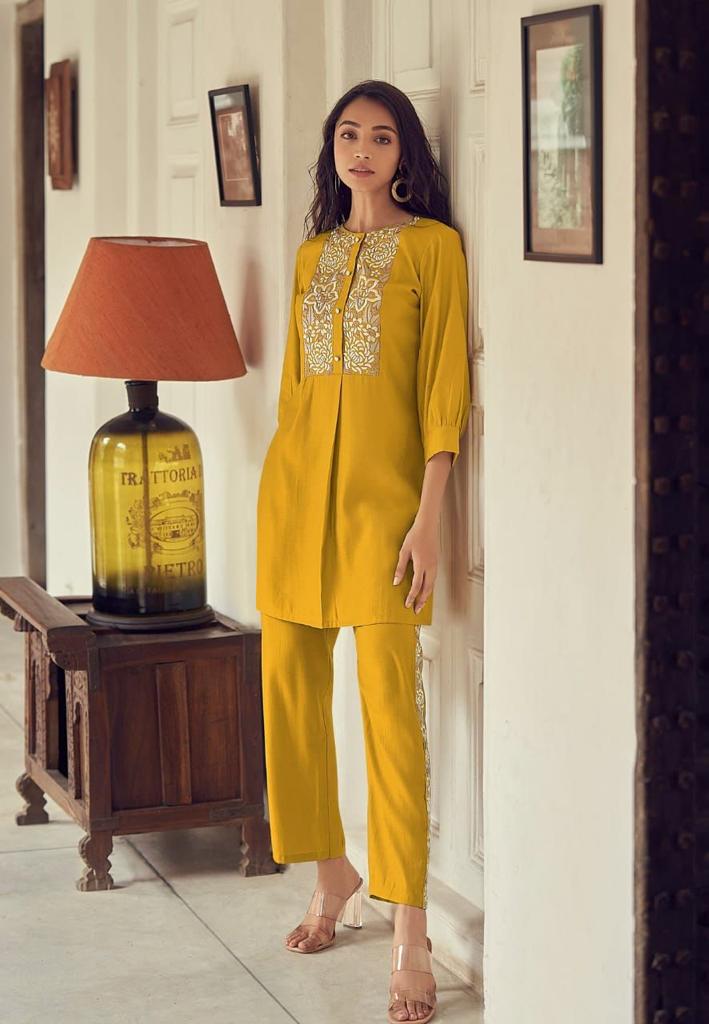 YELLOW CO ORD SET WITH EMBELLISHED EMBROIDERY