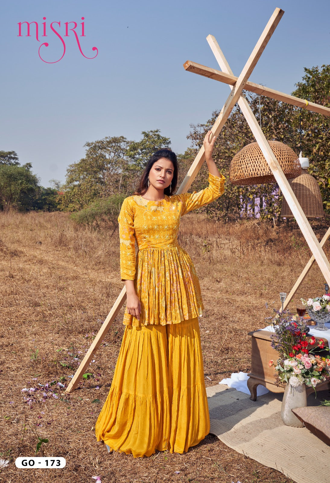 YELLOW FLORAL CO ORD SET WITH GHARARA STYLE BOTTOM