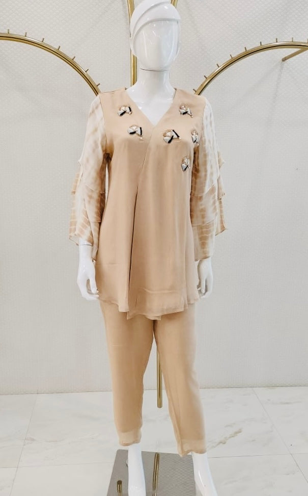 PEACH KURTI SET WITH RUFFLE SLEEVES