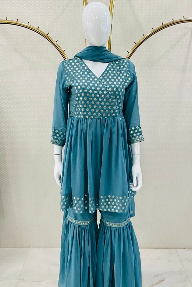 TURQUOISE HUED THREE PIECE GHARARA SUIT SET