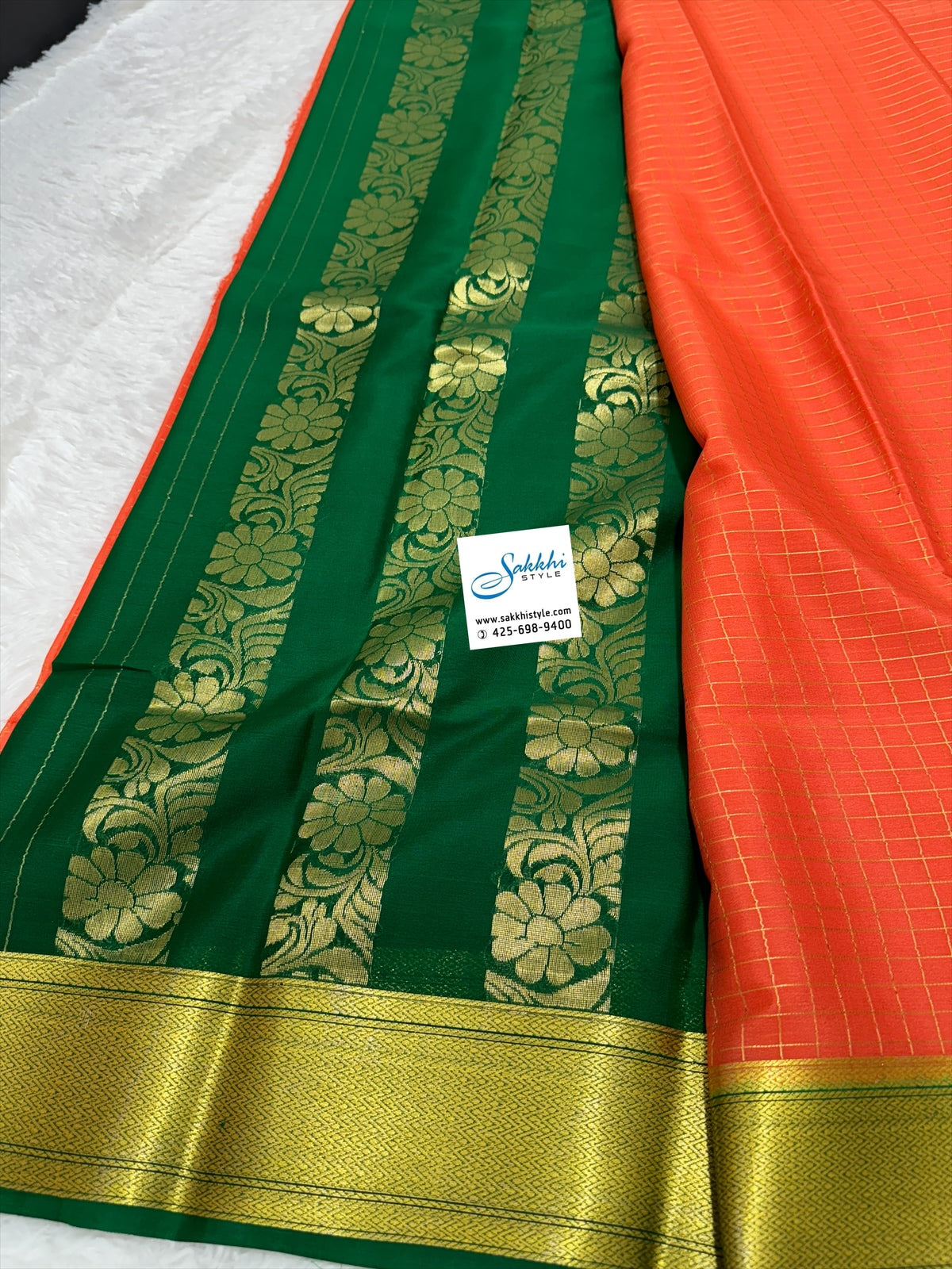 PURE MYSORE SILK SAREE IN BLEND OF ORANGE AND GREEN HUES