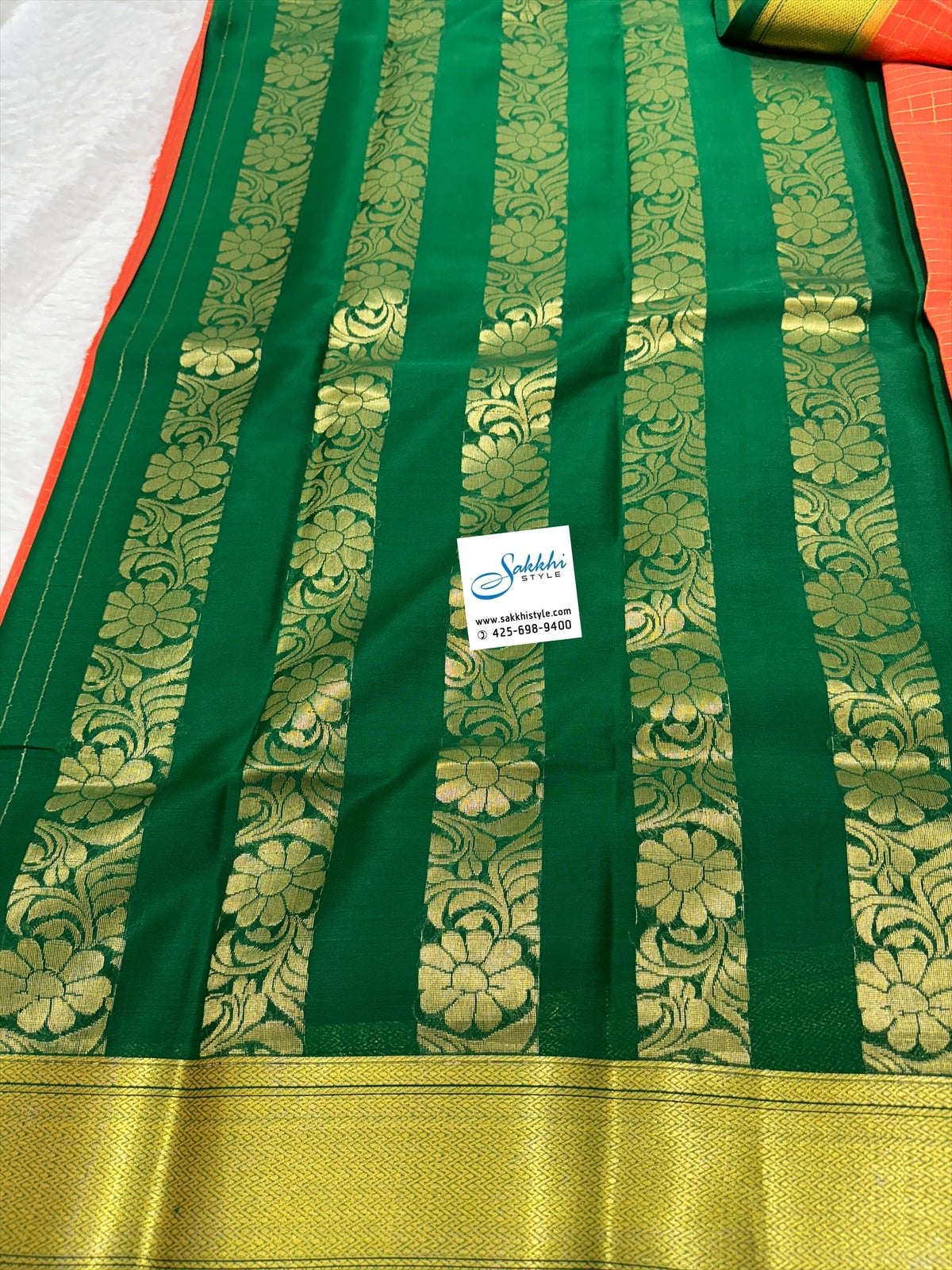 PURE MYSORE SILK SAREE IN BLEND OF ORANGE AND GREEN HUES