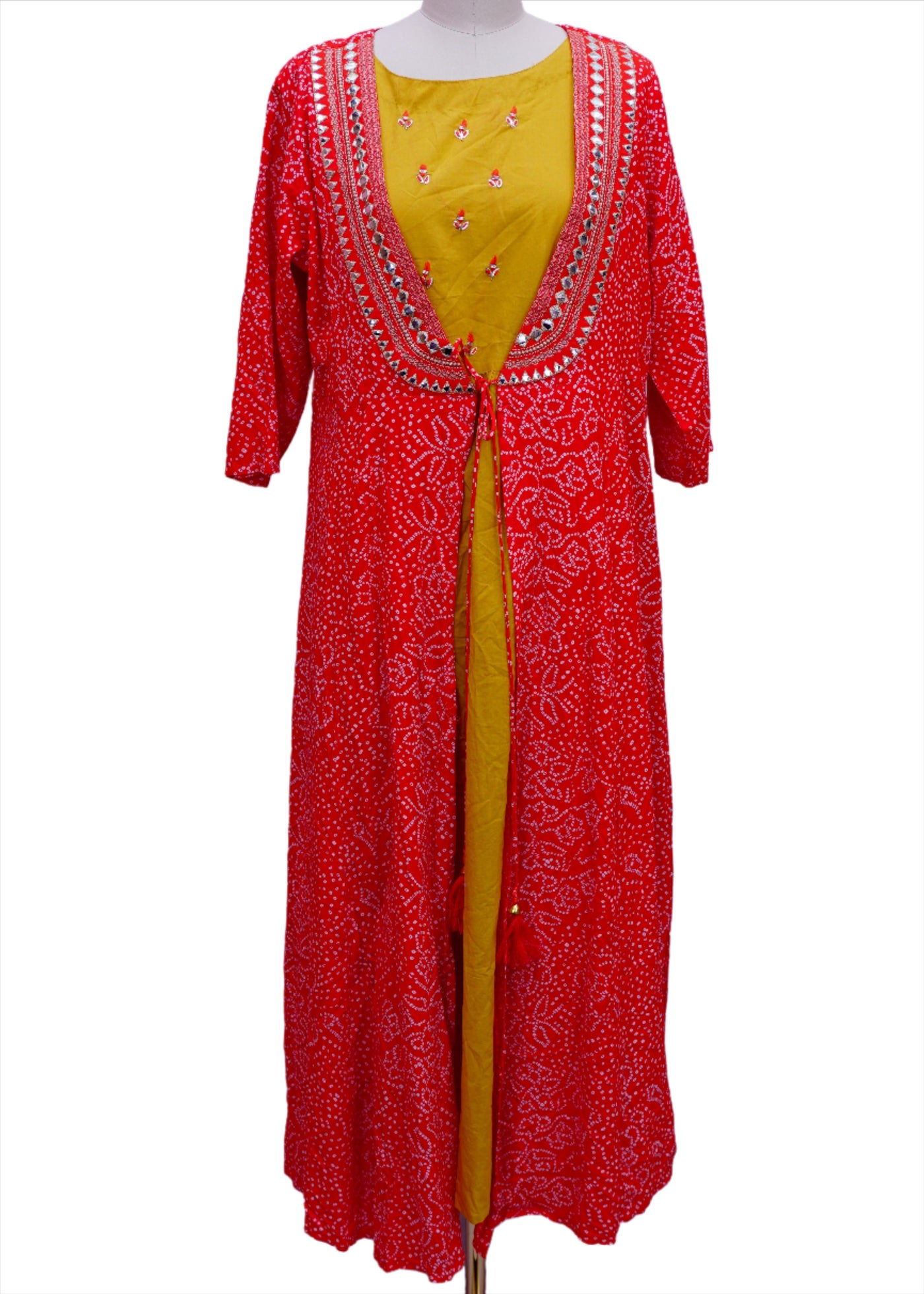 MUSTARD AND RED FULL LENGTH KURTI WITH OVERCOAT