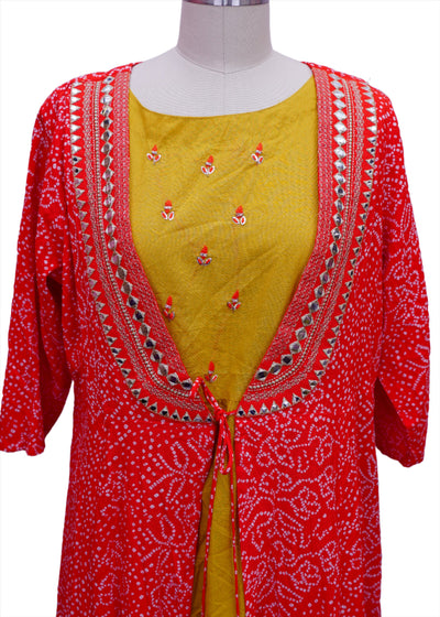 MUSTARD AND RED FULL LENGTH KURTI WITH OVERCOAT