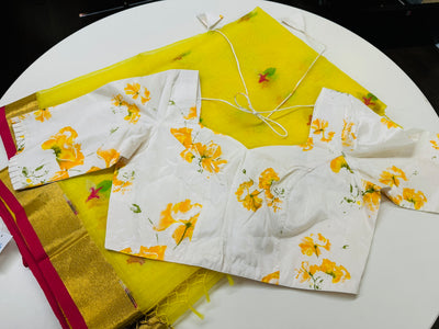 LEMON YELLOW MUSLIN JAMDANI SAREE WITH BLOUSE