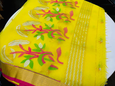 LEMON YELLOW MUSLIN JAMDANI SAREE WITH BLOUSE