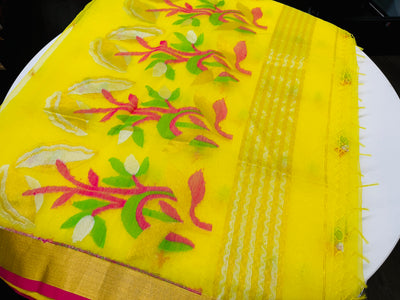 LEMON YELLOW MUSLIN JAMDANI SAREE WITH BLOUSE