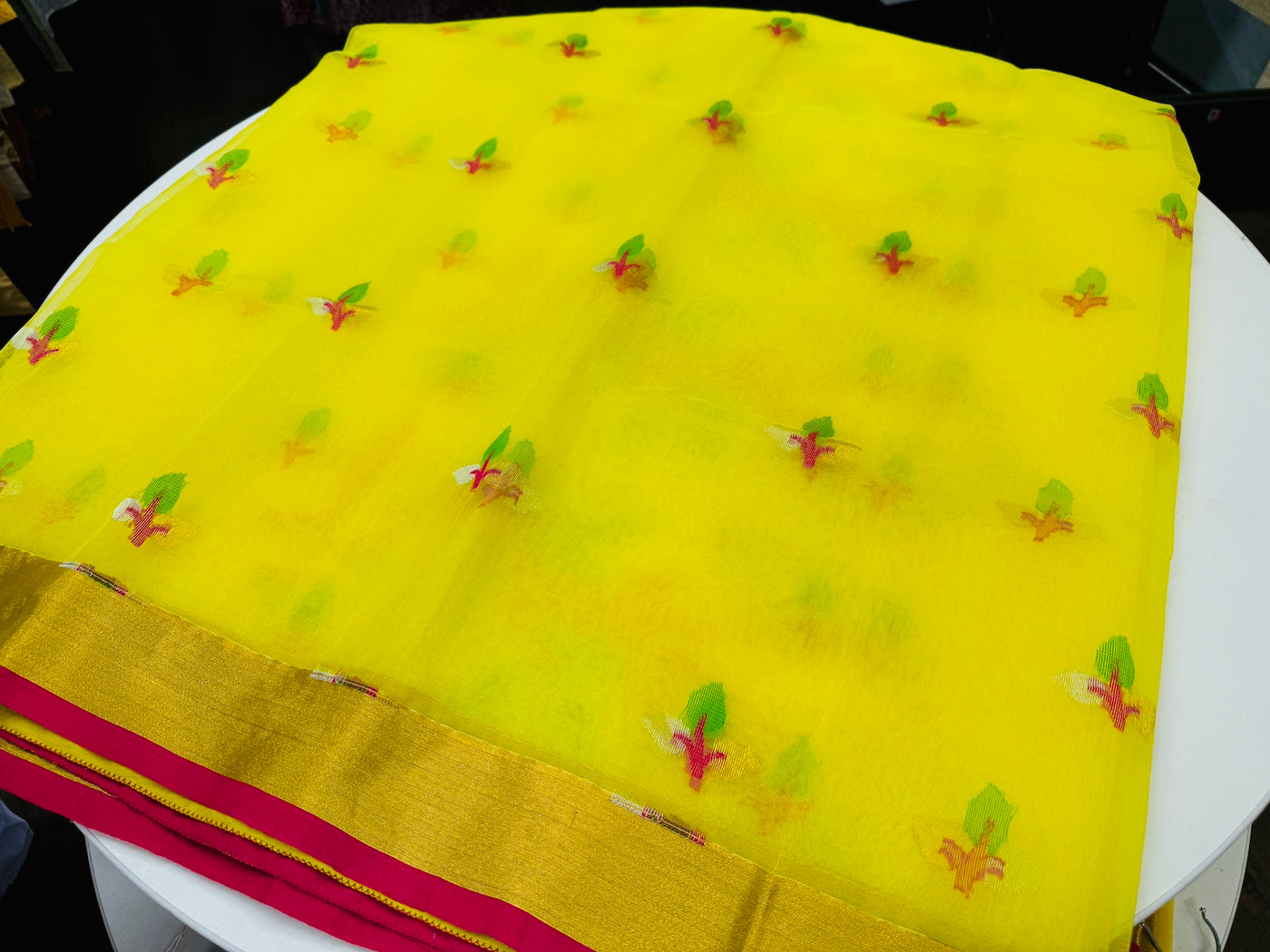 LEMON YELLOW MUSLIN JAMDANI SAREE WITH BLOUSE