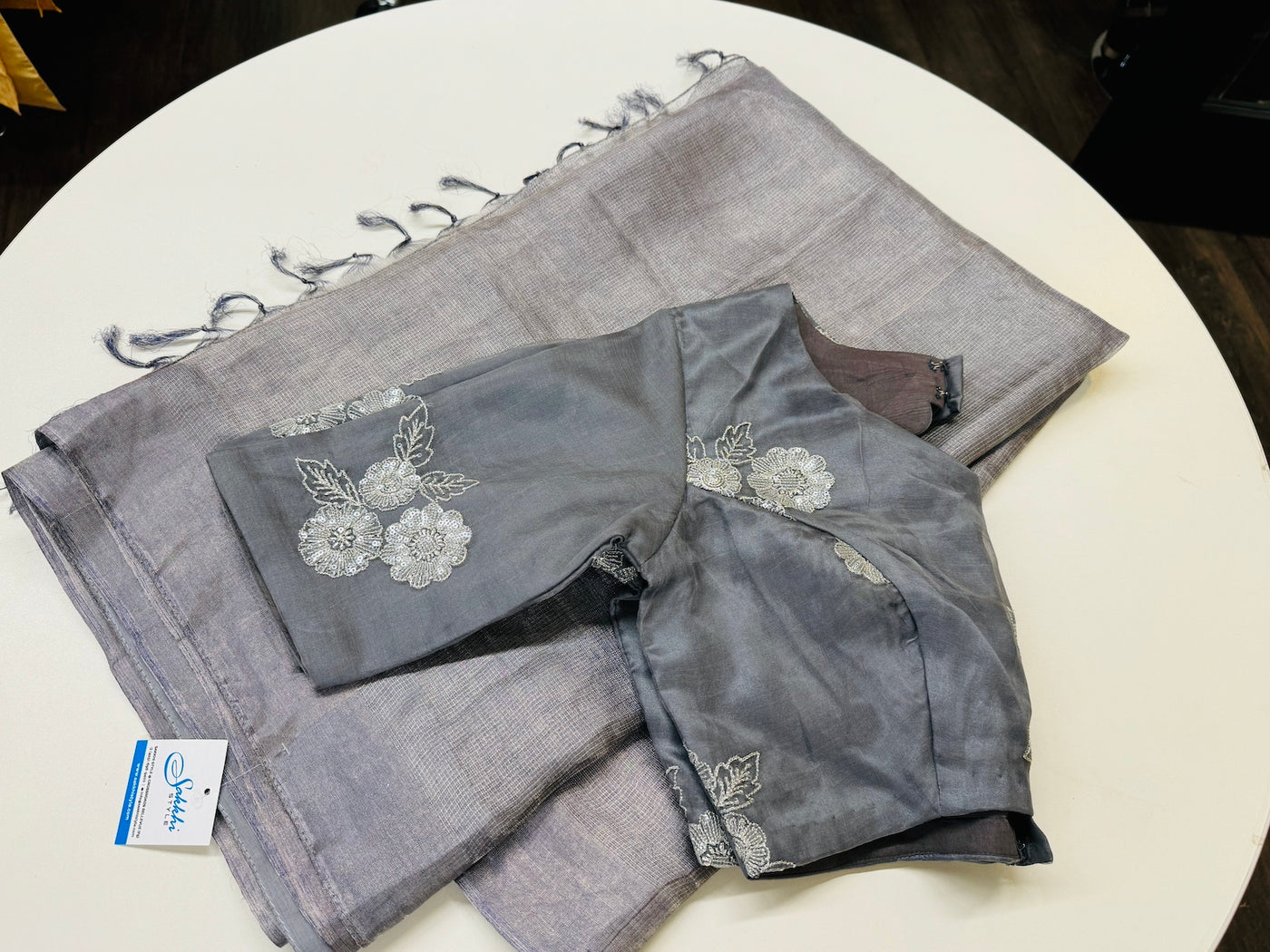 SILVER TISSUE LINEN SAREE WITH BLOUSE