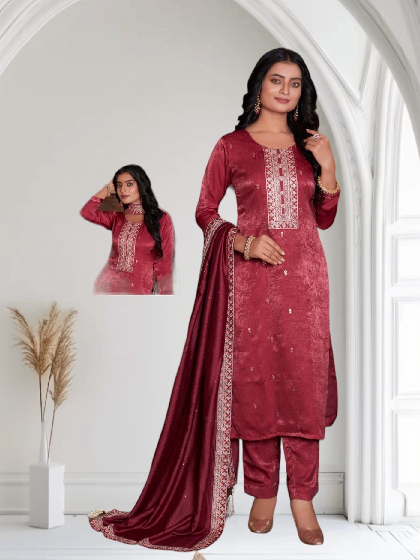 Luxurious Maroon Velvet 3-Piece Salwar Suit Set