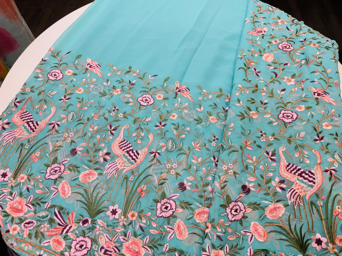 Elegant Aqua Chiffon Saree with Parsi Embroidery