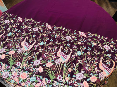 Elegant Purple Chiffon Saree with Multicolor Floral and Bird Embroidery