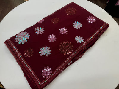 Elegant Maroon Chiffon Saree with Multi-Color Sequin Floral Embellishments