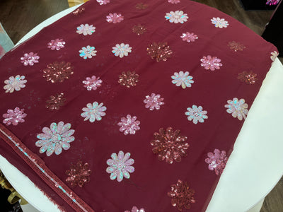 Elegant Maroon Chiffon Saree with Multi-Color Sequin Floral Embellishments