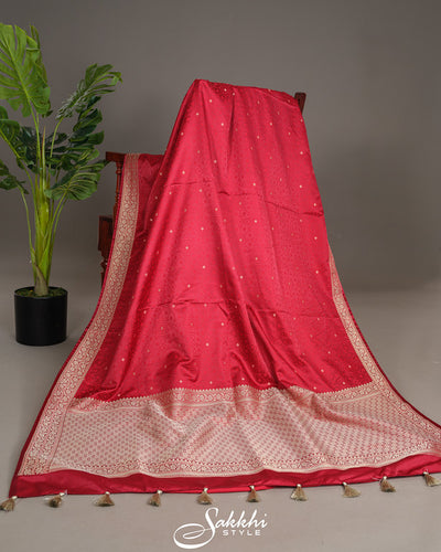 Cherry red banarasi mashru saree with blouse