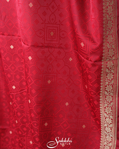 Cherry red banarasi mashru saree with blouse