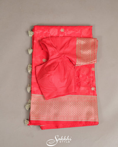 Vermillion banarasi mashru saree with blouse