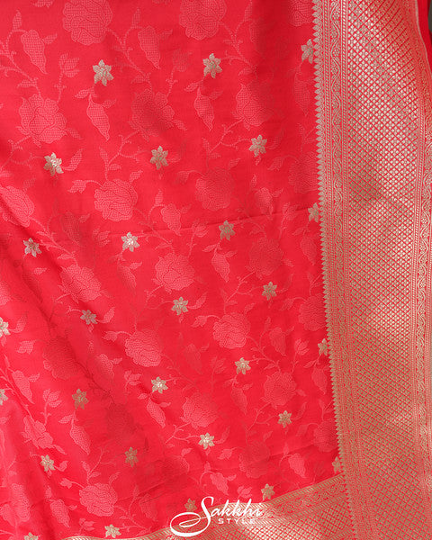 Vermillion banarasi mashru saree with blouse